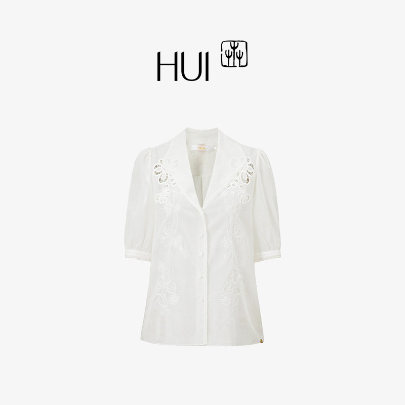 HUI卉全棉刺绣巴厘纱凝脂V领上衣