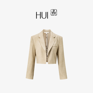 HUI卉石蜜色定织环保仿麻短款 正肩外套 时尚 职场西服商务小西装