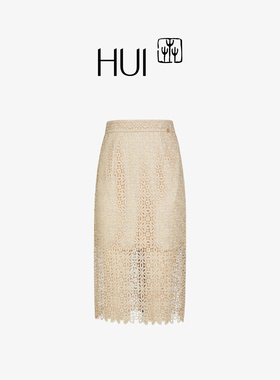HUI卉颜宁同款浮雕艺术感中式半身裙双色可选复古蕾丝镂空包臀裙