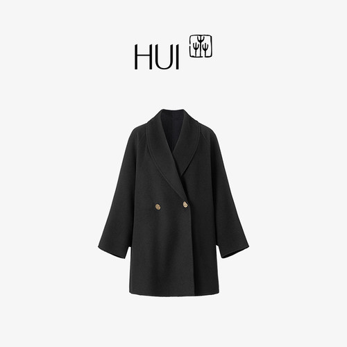 HUI卉山羊绒绵羊毛排扣经典大衣