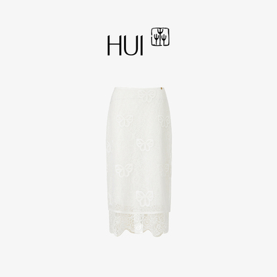 HUI卉绳绣几何蝴蝶凝脂白半身裙