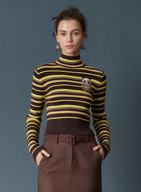 HUI卉100%绵羊毛青粲色撞色条纹撞色AI熊猫刺绣高领针织衫