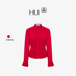 2026新款 HUI卉三醋脂层叠压褶宫廷袖 双色可选蕾丝拼荷叶立领衬衫