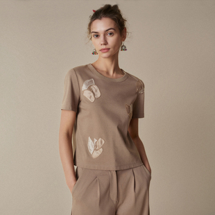 HUI卉丁香褐东方花意玉兰花贴布绣全棉简约舒适T恤上衣2026春新款