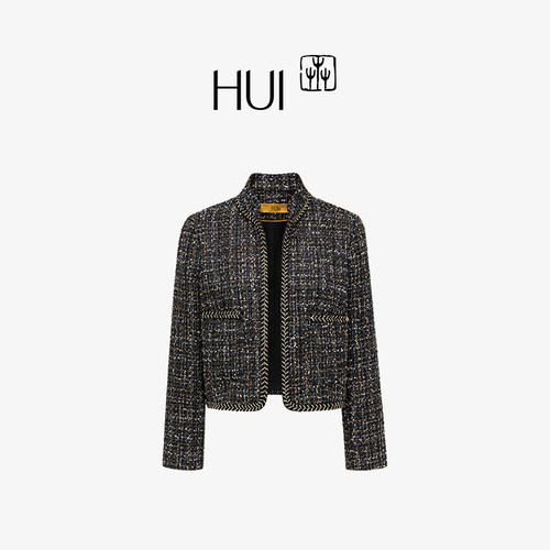 HUI卉黑金斜纹粗花呢小香风外套