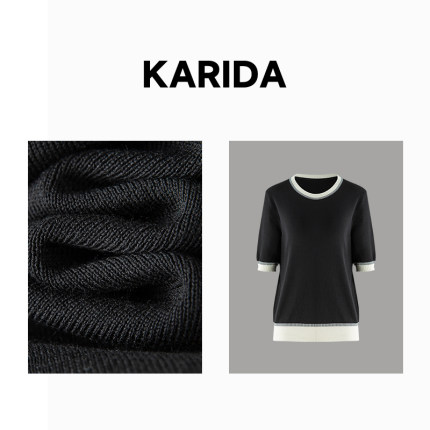 Karida珂芮达【香派南法】线条装饰撞色圆领短袖三醋酸针织衫