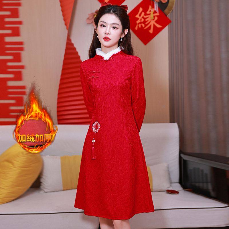 旗袍女订婚礼服小个子冬季敬酒服新娘新款少女结婚高端气质改良款