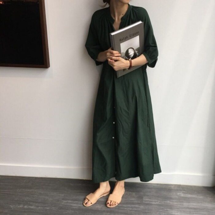 韩风单排扣连衣裙简约圆领纯色灯笼袖裙子衬衫长裙有口袋配腰带