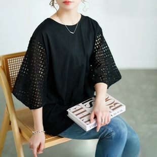 子拼接女宽松T恤中袖 女镂空袖 上衣2色 新款 2026跨境外贸日韩夏季