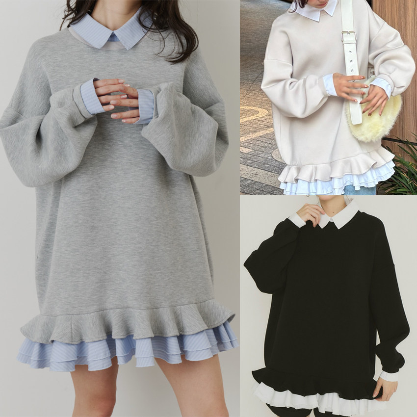 日韩跨境外贸2026春秋冬新款女翻领重工波浪边假两件拼接女卫衣裙