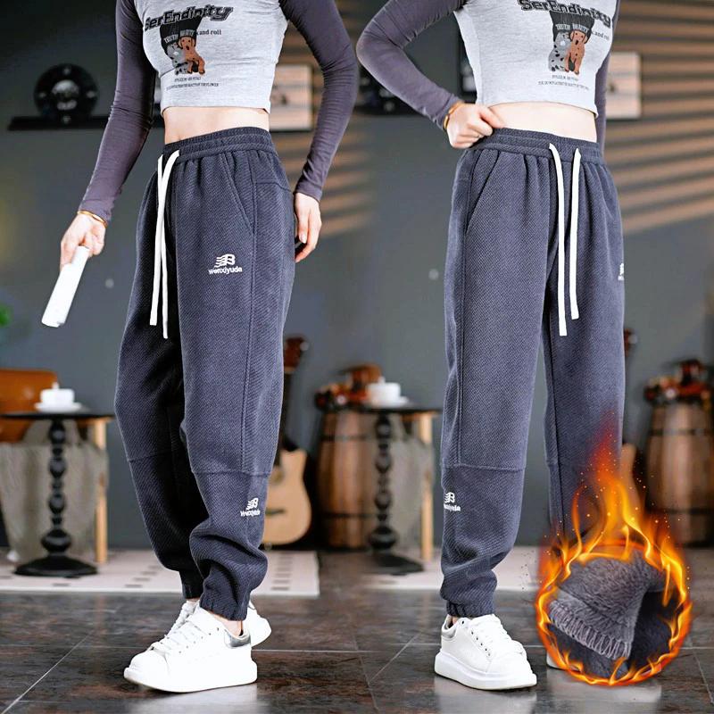 秋冬季加绒加厚条纹休闲裤男修身潮流运动韩版百搭纯色男士弹力