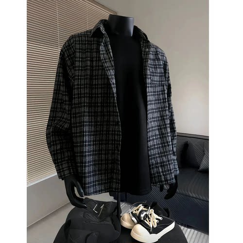 美式vintage黑色格子衬衫男春秋款高街叠穿长袖衬衣cleanfit外套