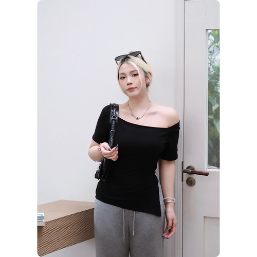 T恤女斜肩夏2026新款一字肩短袖