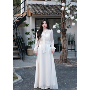 显瘦修身 糯米子 慵懒风连衣裙新款 法式 收腰长裙裙子 柔光月汐