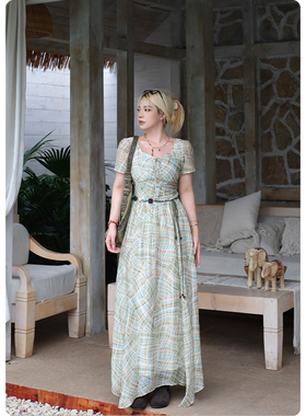 糯米子[久夏青]格纹连衣裙女夏季长裙2026新款大码女装微胖mm裙子