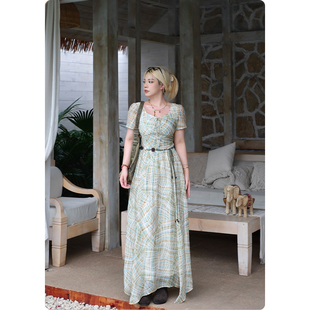 糯米子[久夏青]格纹连衣裙女夏季长裙2026新款大码女装微胖mm裙子