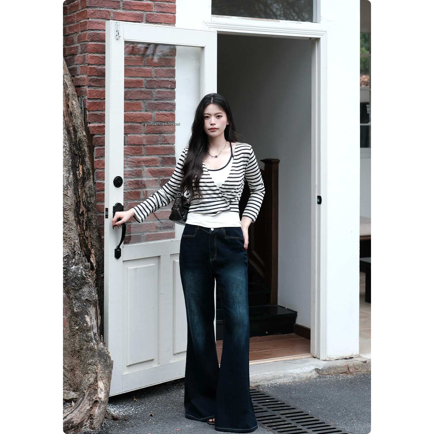 糯米子[长腿滤镜]美式复古微喇牛仔裤修身弹力显瘦裤子喇叭长裤