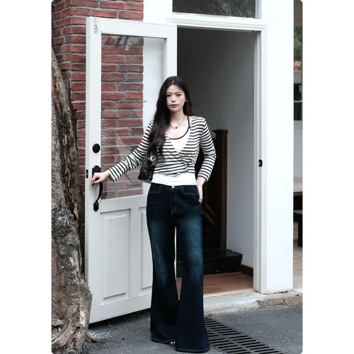 糯米子[长腿滤镜]美式复古微喇牛仔裤修身弹力显瘦裤子喇叭长裤