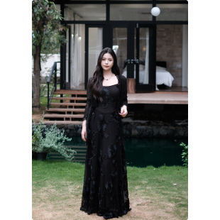 立体浮雕刺绣气质轻奢网纱吊带A字大长裙 法式 糯米子 曼陀罗