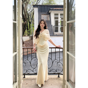 糯米子[美神维纳斯]法式褶皱吊带包臀裙富家千金感晚礼服长裙