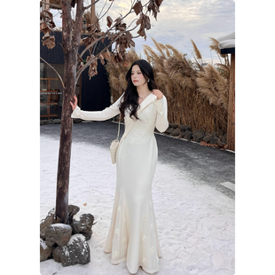 糯米子 气质温柔立体剪裁刺绣蕾丝花朵下摆连衣裙长裙 白玫瑰