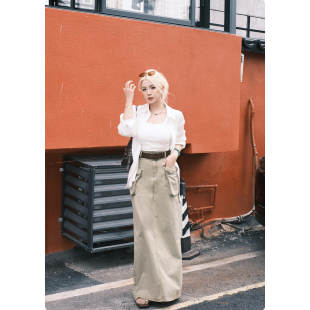 复古设计感大口袋工装 美式 辣妹高腰直筒半身裙 拓荒者 糯米子