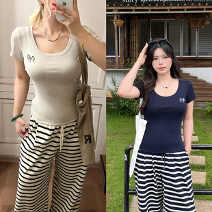 糯米子[星星T]美式复古U领正肩短袖T恤夏日超舒适收腰独特上衣