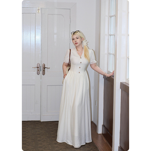 连衣裙女夏季 法式 胖mm高级感v领收腰气质长裙子 匿名告白 糯米子