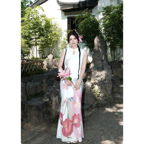 糯米子[百合花开]新中式网纱花卉改良旗袍连衣裙女夏印花鱼尾裙子