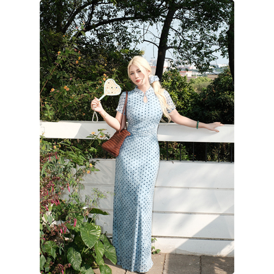 糯米子[丹青一点]新中式国风波点改良旗袍裙收腰水滴领长裙