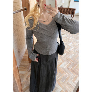 两穿温度计 大码 法式 女春显瘦设计感长袖 上衣 V领T恤打底衫 糯米子