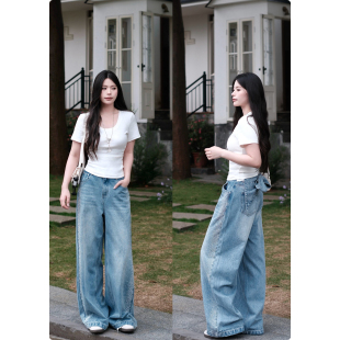 春直筒显瘦长裤 立体可拆卸蝴蝶结碎钻牛仔裤 银河甜心 糯米子