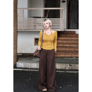 糯米子[焦糖松木]阔腿裤女春秋宽松显瘦高腰直筒休闲裤子胖mm长裤