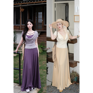 糯米子[四月物语]荡领假两件拼接长裙子微胖大码显瘦冰凉感连衣裙