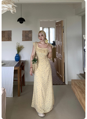 糯米子[初夏田园]黄色连衣裙女春夏微胖大码碎花气质收腰显瘦长裙