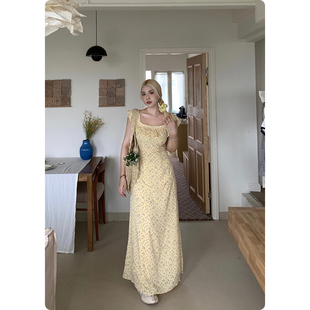 碎花气质收腰显瘦长裙 黄色连衣裙女春夏微胖大码 糯米子 初夏田园