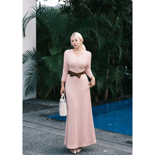 加厚裙子气质微胖长裙 针织V领连衣裙女秋冬季 糯米子 生日多色裙