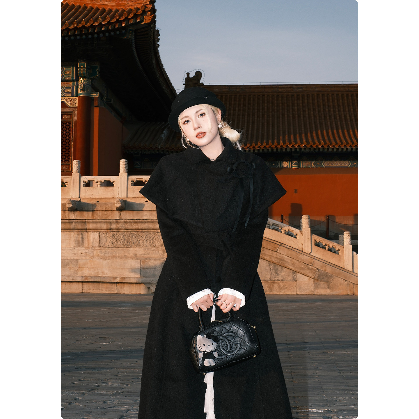 糯米子[伦敦夜幕]黑色毛呢大衣外套女冬胸花显瘦气质斗篷披肩