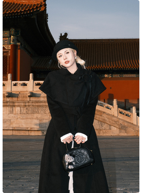 糯米子[伦敦夜幕]黑色毛呢大衣外套女冬胸花显瘦气质斗篷披肩