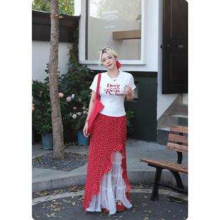 微胖女孩穿搭设计感开叉红色碎花裙子 半身裙女夏大码 糯米子 热恋