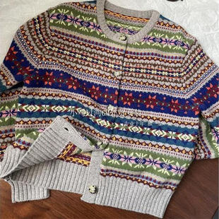 深圳南油轻奢高端货费尔岛复古重工彩色提花圆领绵羊毛毛衣开衫女