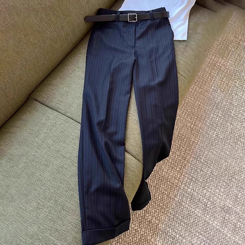 清仓一线品牌专柜藏蓝色西装裤女高腰显瘦烟管裤欧货休闲直筒裤春