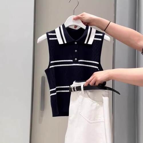 广州十三行高端爆款~条纹polo领冰丝针织无袖背心女坎肩上衣夏
