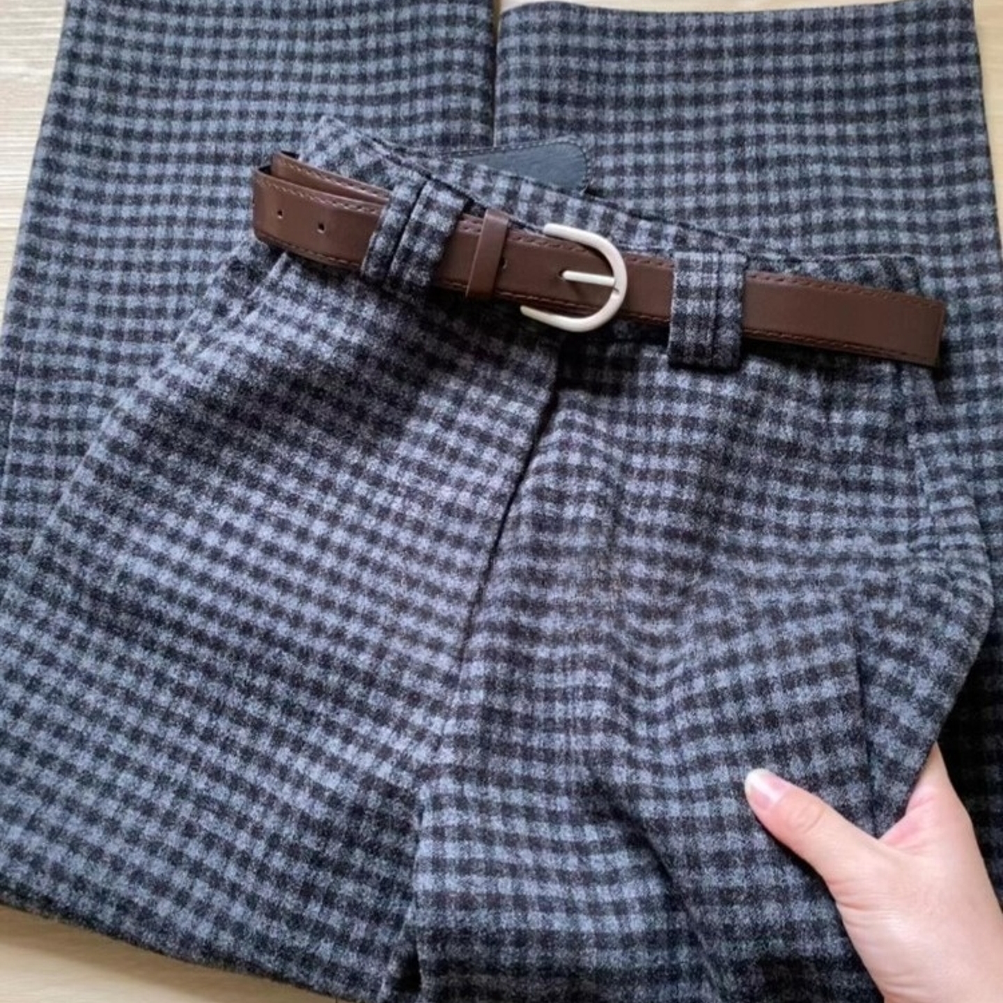 秋冬季运动休闲小个子蓝色磨毛格子裤子女2025新款今年流行梧桐裤