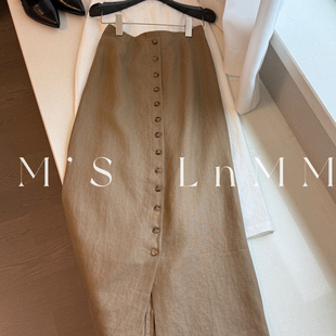CHAO级推荐 老钱复古深卡其亚麻半身裙女单排扣开叉别致设计裙子