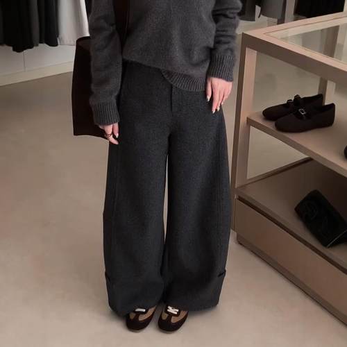 欧货重磅黑灰色羊毛气球裤2025秋季厚实垂感设计感弧形显瘦弯刀裤