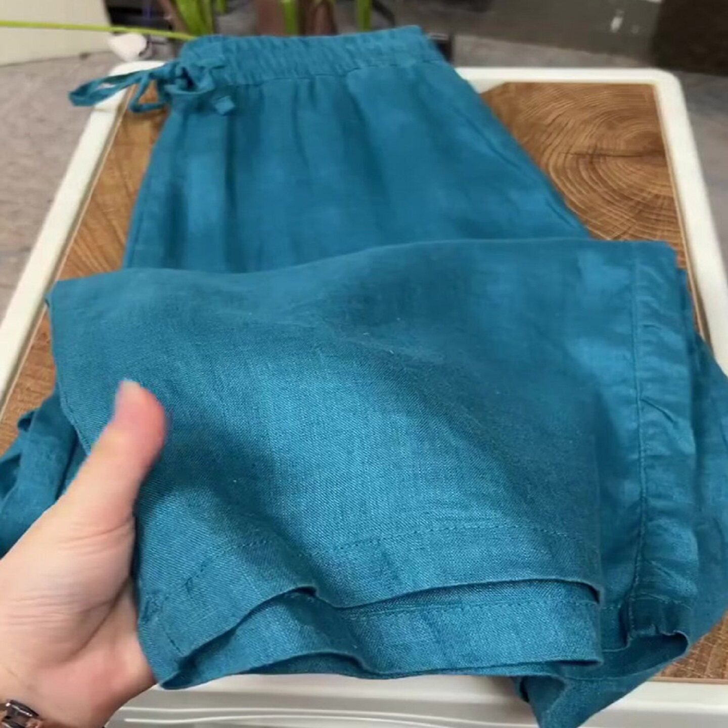 CHAO级推荐！巨好看孔雀蓝亚麻阔腿裤女春夏季高腰休闲棉麻直筒裤