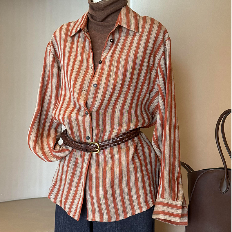深圳南油高端货~条纹衬衫女春长袖轻熟风职场通勤减龄上衣早秋冬
