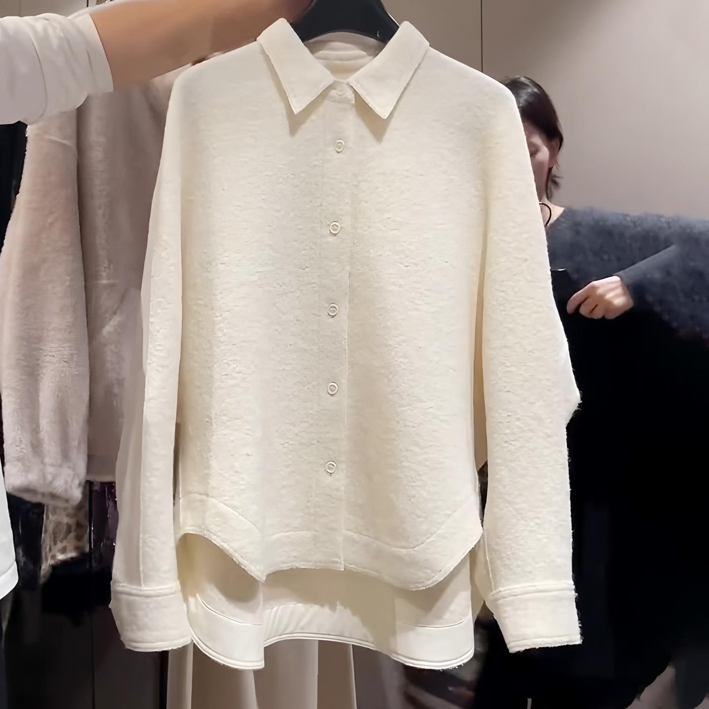 深圳南油高端货白色翻领单排扣中长款长袖衬衫女2025秋冬百搭上衣