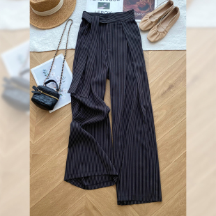 裤 子通勤复古条纹直筒西装 子女 黑色阔腿裤 深圳南油轻奢高端货韩版